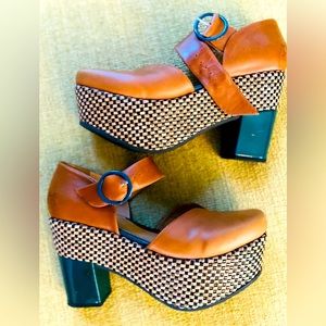 John Fluevog Tan and Black Platform Shoes